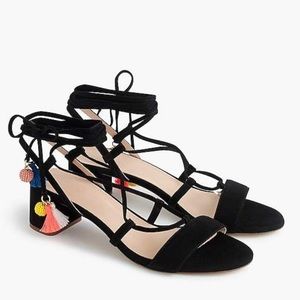 J. Crew Suede Lace-Up Sandals with Beaded Tassels block heel 6.5 black